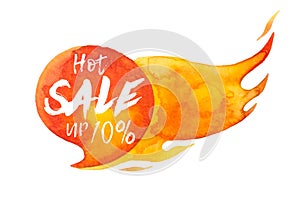 Hot sale up 10% lettering on hot burning speech bubble, watercolor sale-out sign isolated on white