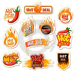 Hot sale vector redhot offer price label for promotion and shopping discount banner with fired signs illustration set of