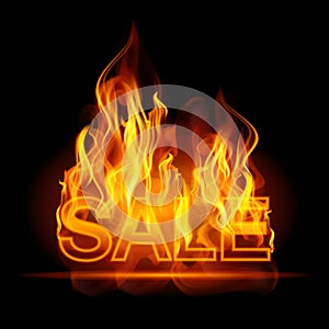 Hot sales billboard banner with glowing text in flames. Poster. Abstract vector illustration