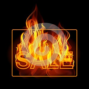Hot sales billboard banner with glowing text in flames. Poster. Abstract vector illustration