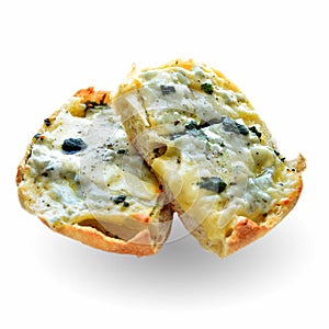 Hot sandwich - baguette with cheese and herbs, isolate