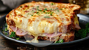 A hot sandwich with gooey melted cheese and savory ham, Ai Generated
