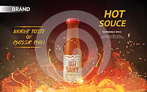 Hot sauce ad with red chili pepper and fire elements on black background