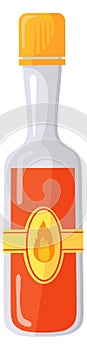 Hot sauce icon. Cartoon red chili in glass bottle
