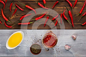 Hot sauce made of red chili peppers. Harissa sauce. Top view. Olive oil with red chili peppers and garlic