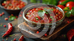 Hot sauce. Spicy adjika with tomato and red pepper photo