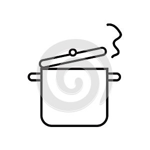 Hot saucepan icon. Cooking pot. Boiling process. Cartoon art. Kitchen utensil. Vector illustration. Stock image.