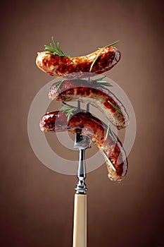 Hot sausages on a fork sprinkled with rosemary