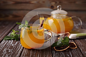 Hot sea buckthorn tea with mint, cinnamon and honey, a delicious preventive measure for colds