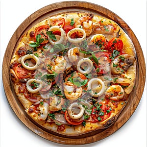 Hot Seafood Pizza, Fried Yeasted Flatbread with Squid Rings and Red Fish, Salmon or Trout Fillets