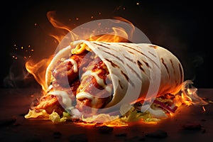 Hot shawarma on red background. Chicken meat, vegetables and salad are wrapped in pita bread.