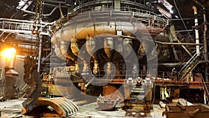 Hot shop of the metallurgical plant with modern machinery, industrial landscape. Stock footage. Molten metal production