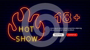 Hot show with fire neon emblem on brick wall. Landing page template. Sexual performance. Vector stock illustration