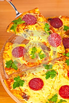 Hot slice pizza with salami