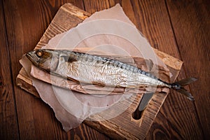 Hot smoked mackerel on the table in the kitchen.