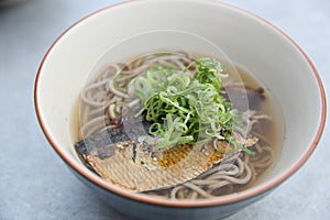 Hot soba noodle with mackerel fish , japanese noodle food
