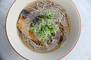 Hot soba noodle with mackerel fish , japanese noodle food