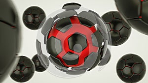 Hot soccer ball red core. Hexagonal exploded segments of football sphere. 3d rendering