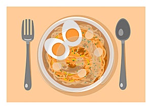 Hot soup noodle in a bowl with egg and sausage topping. Simple flat illustration.