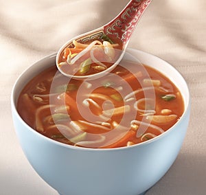 Hot and sour chinese soup in a white bowl