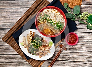 Hot and Sour Noodle Set Exclusive Meal served in a bowl isolated on table top view of taiwanese food