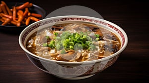 Hot and sour tofu soup: Steam rising from a tangy broth filled with soft tofu, mushrooms and vinegar