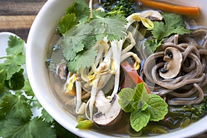 Hot and Sour Vegetable Soup with Soba Noodles and Bean Sprouts