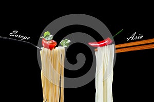 Hot spagetti on the fork with tomato and parsley and Asian noodles on chopsticks with red pepper.