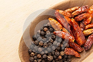 Hot spices: black peppercorn and dried chili peppers