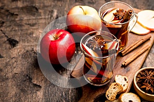Hot spicy beverage. Hot drink apple tea, punch with cinnamon s