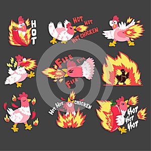 Hot spicy chicken set, rooster on fire, creative logo design templates vector Illustration
