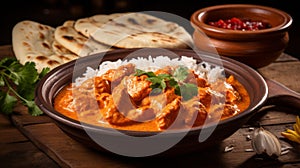 Hot spicy chicken tikka masala in bowl. Chicken curry with rice, indian naan butter bread, spices, herbs. Traditional