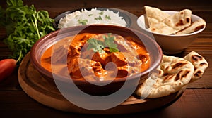 Hot spicy chicken tikka masala in bowl. Chicken curry with rice, indian naan butter bread, spices, herbs. Traditional