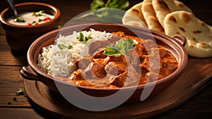 Hot spicy chicken tikka masala in bowl. Chicken curry with rice, indian naan butter bread, spices, herbs. Traditional Indian