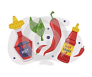 Hot and Spicy Chili Sauce in Bottle Vector Composition