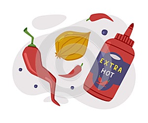 Hot and Spicy Chili Sauce in Bottle Vector Composition