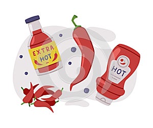 Hot and Spicy Chili Sauce in Bottle Vector Composition