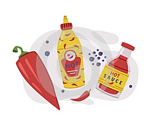 Hot and Spicy Chili Sauce in Bottle Vector Composition