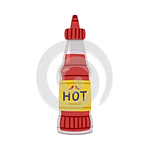 Hot and Spicy Chili Sauce in Glass Bottle with Label and Cap Vector Illustration