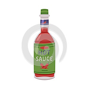 Hot and Spicy Chili Sauce in Glass Bottle with Label and Cap Vector Illustration