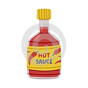 Hot and Spicy Chili Sauce in Glass Bottle with Label and Cap Vector Illustration