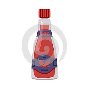 Hot and Spicy Chili Sauce in Glass Bottle with Label and Cap Vector Illustration