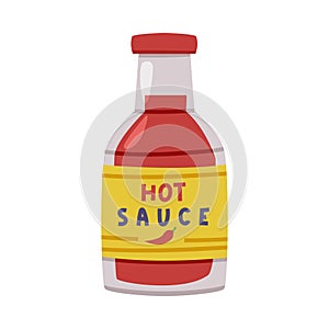 Hot and Spicy Chili Sauce in Glass Bottle with Label and Cap Vector Illustration