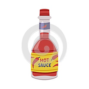 Hot and Spicy Chili Sauce in Glass Bottle with Label and Cap Vector Illustration