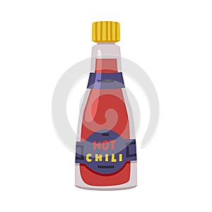 Hot and Spicy Chili Sauce in Glass Bottle with Label and Cap Vector Illustration