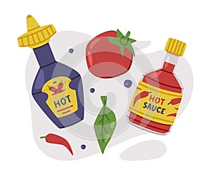 Hot and Spicy Chili Sauce in Plastic Bottle with Tomato Vector Composition