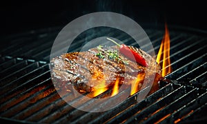 Hot spicy chili steak grilling on a barbecue