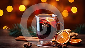 Hot spicy Christmas gluhwein, or mulled red wine with sugar and spices, served with cookies on rustic wood with a