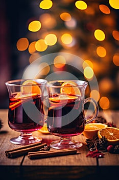 Hot spicy Christmas gluhwein, or mulled red wine with sugar and spices, served with cookies on rustic wood with a