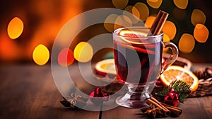 Hot spicy Christmas gluhwein, or mulled red wine with sugar and spices, served with cookies on rustic wood with a